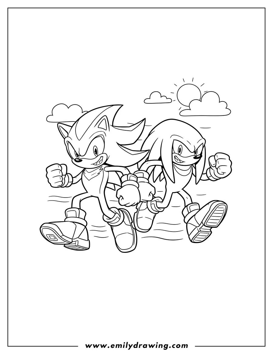 Printable coloring page of shadow and Knuckles running side-by-side, smiling
