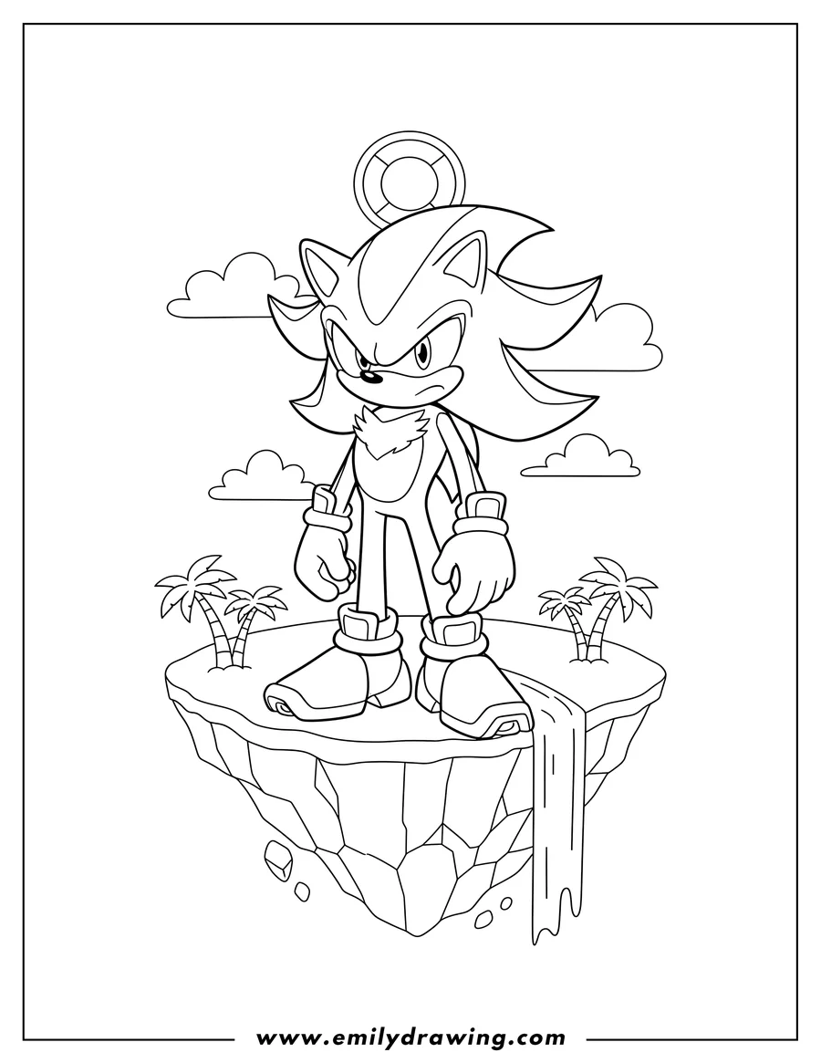 Printable coloring page of shadow Hedgehog standing with a serious expression on Angel Island