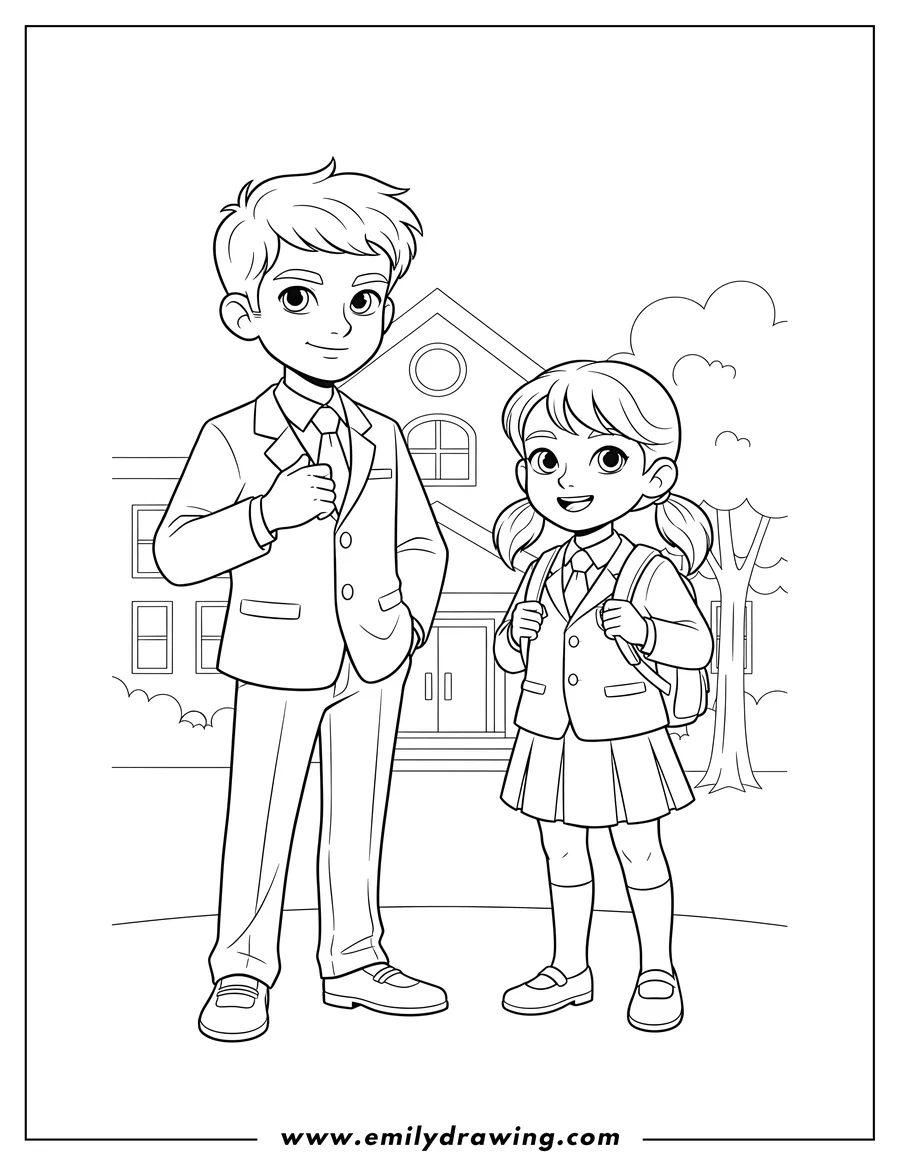 Vector style outline of shenshen Minkos With Pfannee in school uniforms, Shenshen adjusting his jacket