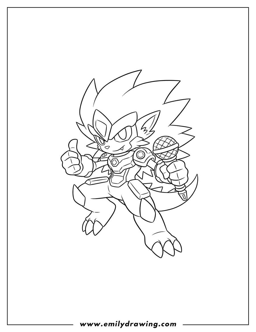 Coloring page for kids: simple Shoutmon holding a weapon, giving a thumbs-up, in a crouched pose