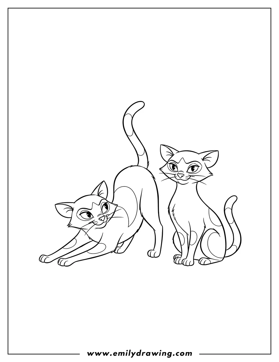Vector style outline of si And Am Siamese Cats, one stretching its back and the other sitting with sly expressions