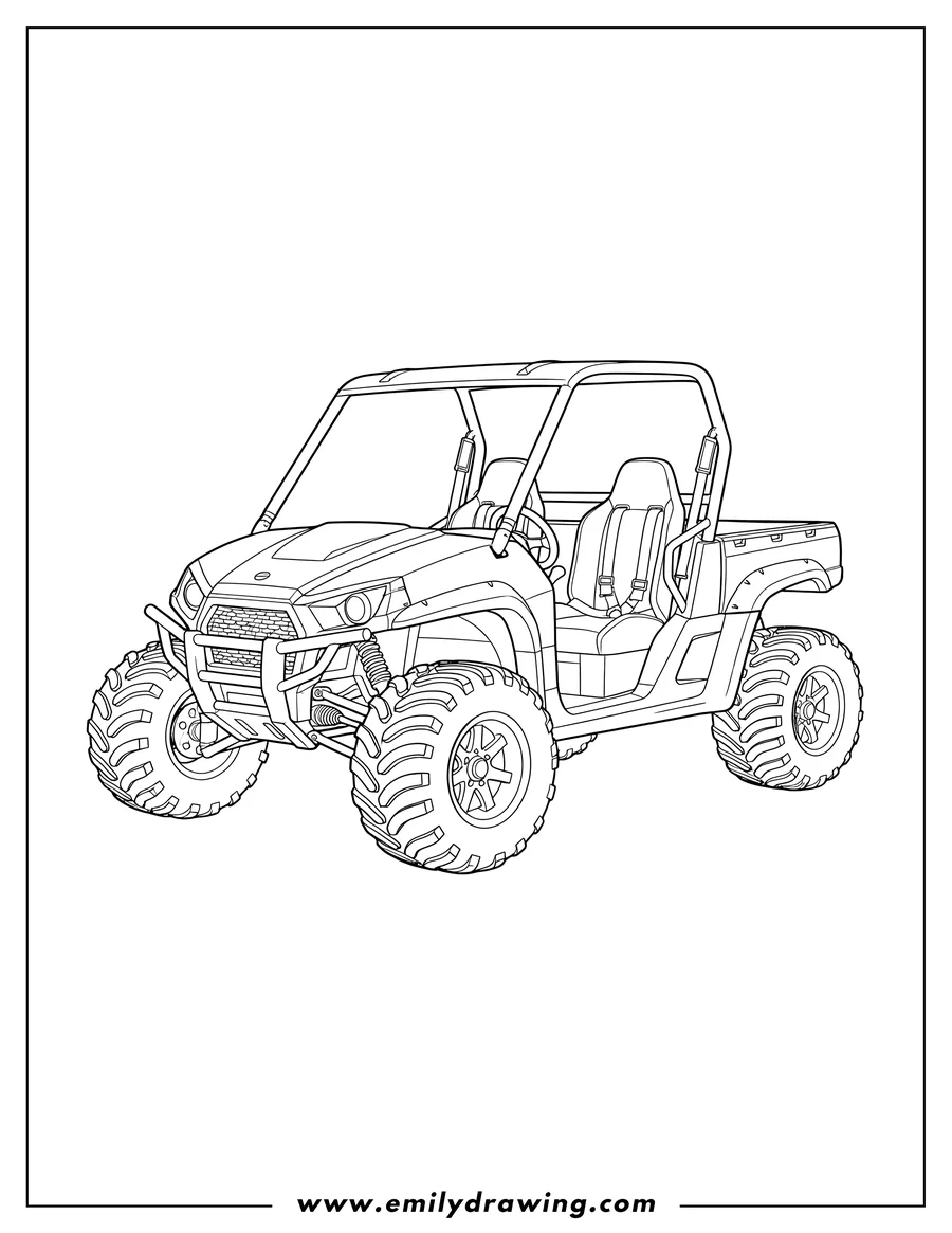 Full page coloring image of [Scene]: Simple side-by-side Utility Off Road Vehicle with big tires, a roll cage, and two seats