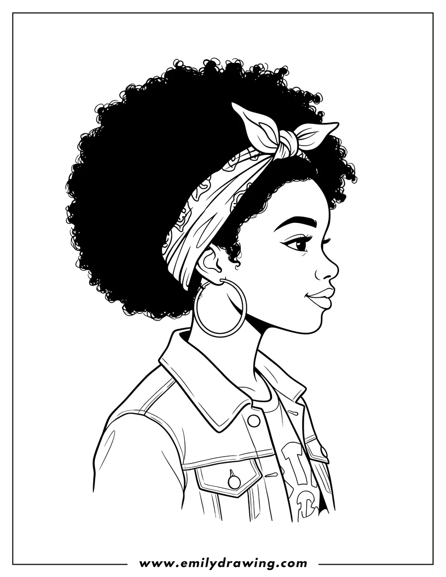 Full page coloring image of side View Black Girl With Afro Hairstyle And Bandana, wearing large hoop earrings