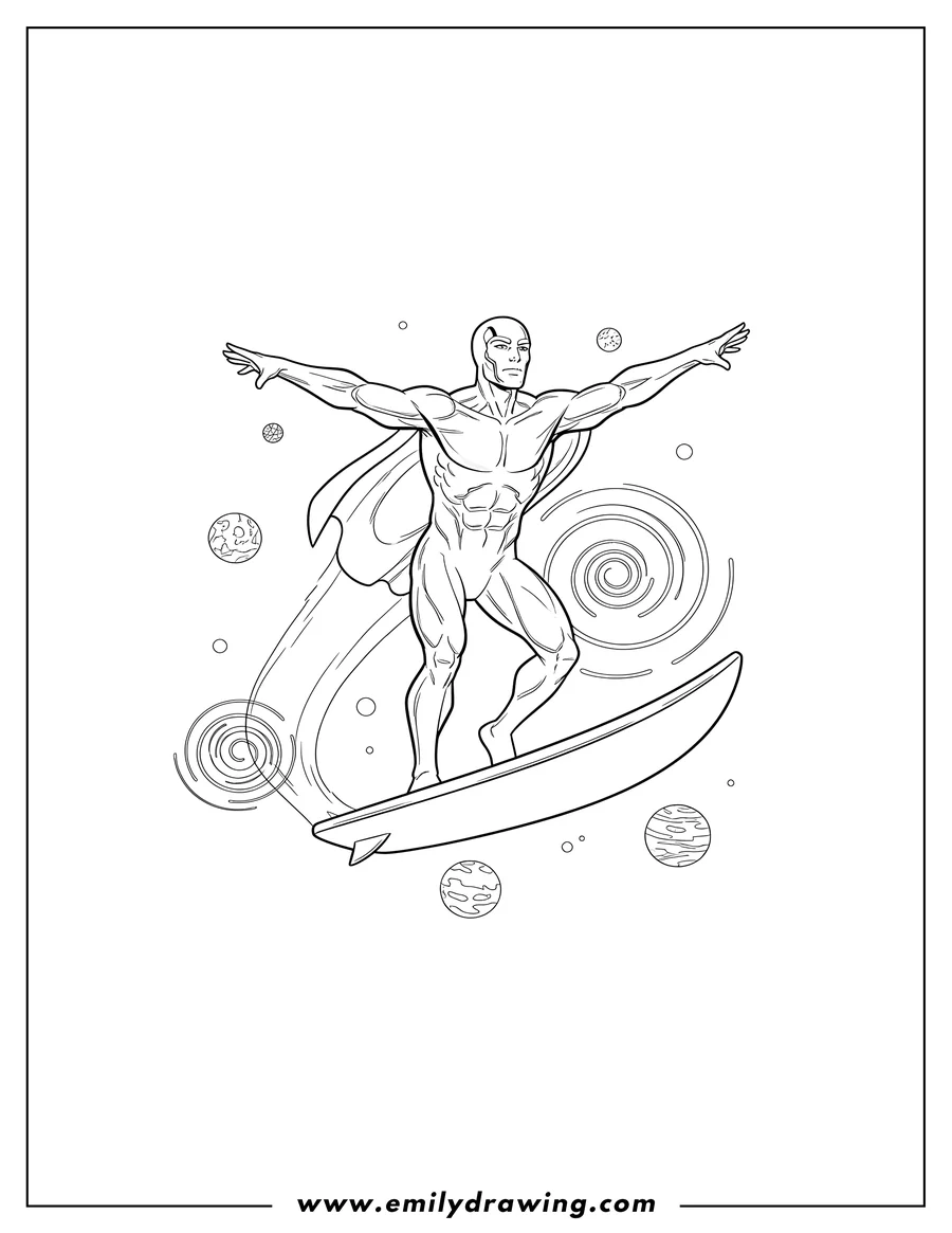 Free to print drawing of silver Surfer flying on his surfboard with outstretched arms