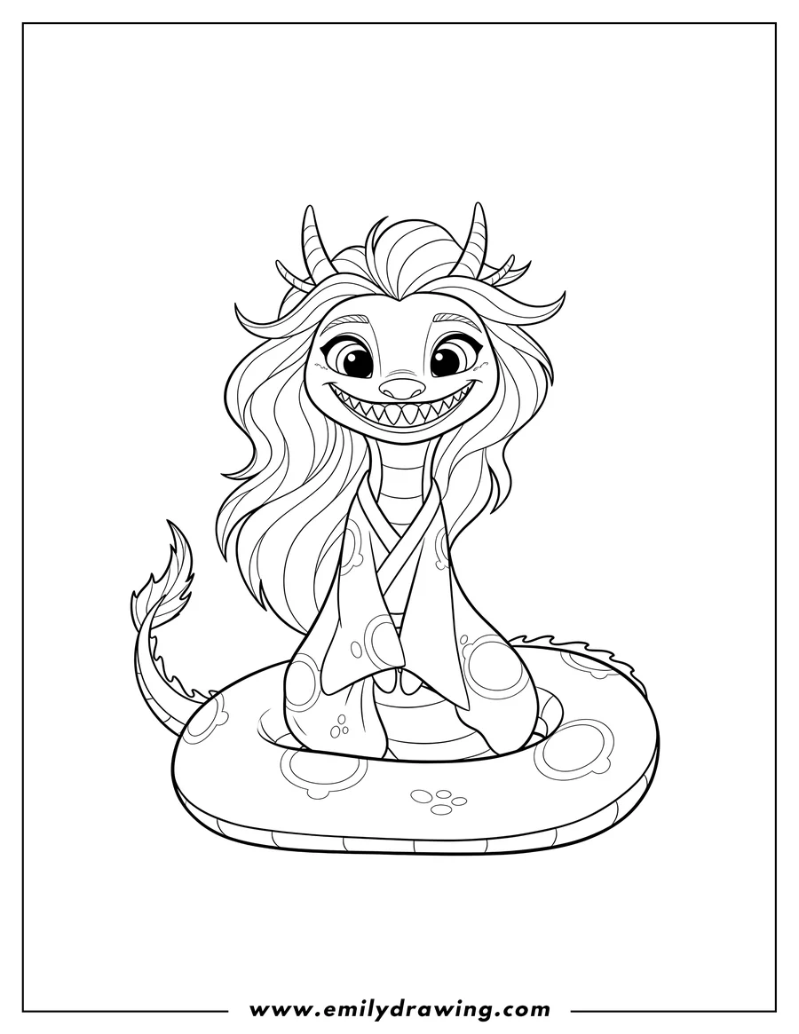 Downloadable coloring page of simple Sisu sitting with a wide, toothy smile, outline