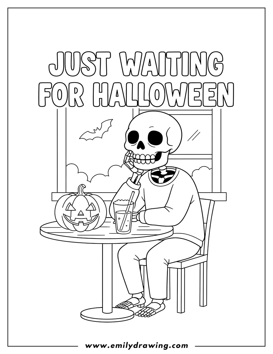 Coloring sheet featuring skeleton resting chin on hand at table with pumpkin and drink, with 'JUST WAITING FOR HALLOWEEN' lettering