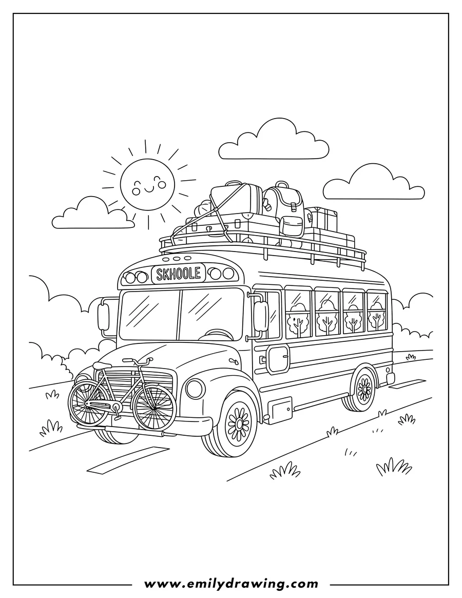 Free printable coloring sheet of skoolie Camper On Road with bicycles on the front and luggage on the roof