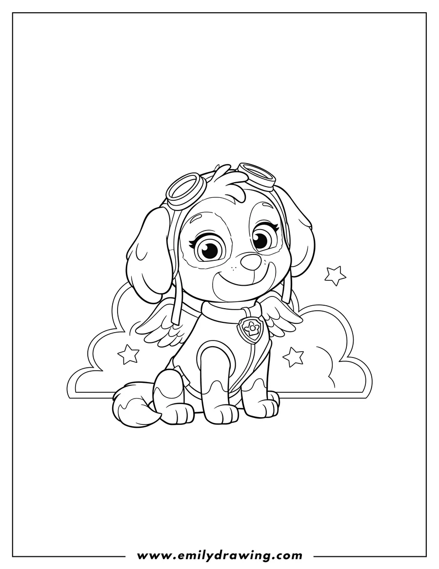 Coloring page of skye from Paw Patrol sitting, wearing her aviator hat and uniform