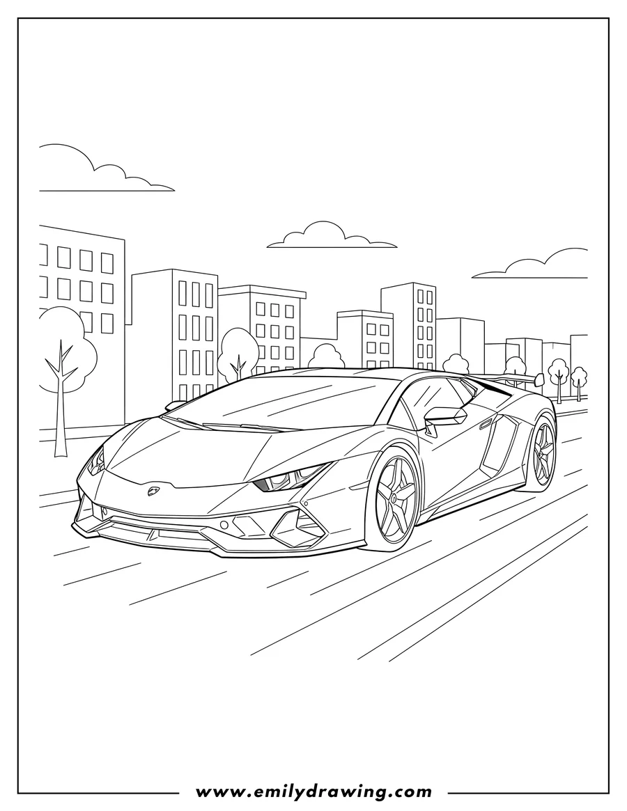 Simple sketch of sleek Lamborghini sports car driving on a road in a city, front-angle view, coloring page to color