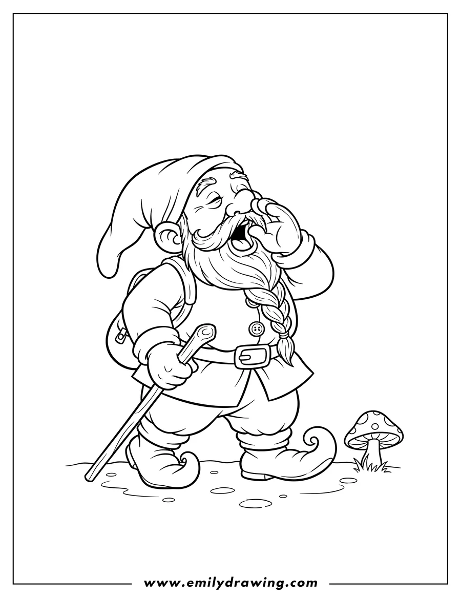 PDF style coloring page: sleepy Dwarf yawning with hand over mouth, walking