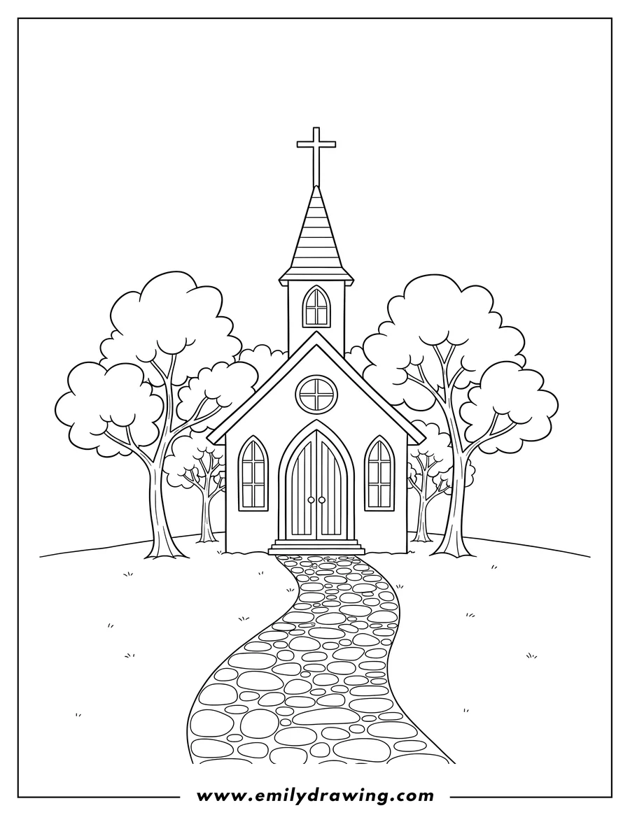 Free printable coloring sheet of small church with a cross on the steeple, surrounded by trees and a path leading to it