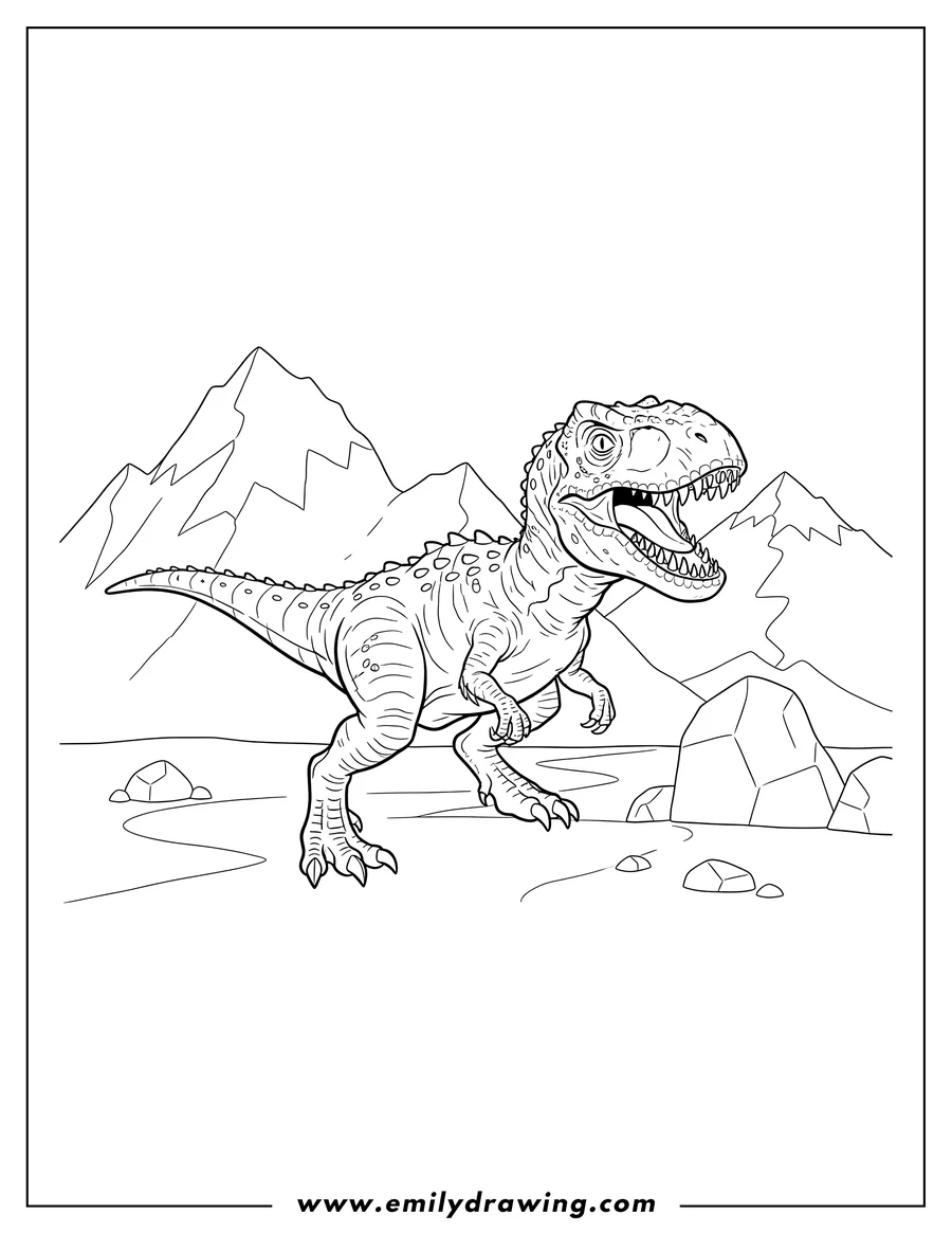 Linear illustration of small Indominus Rex, mouth open, walking through mountains
