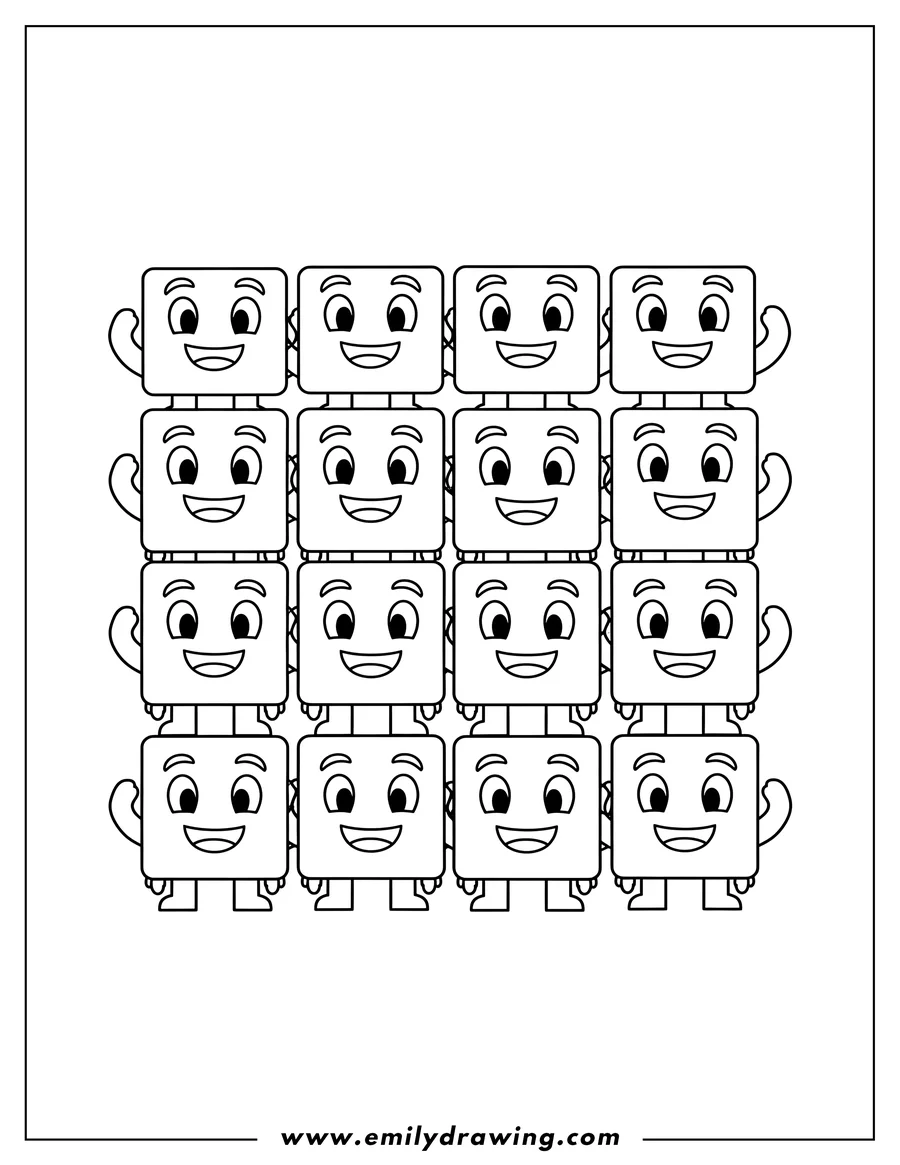 Coloring sheet featuring smiling 16 Numberblocks, formed as a 4x4 square block