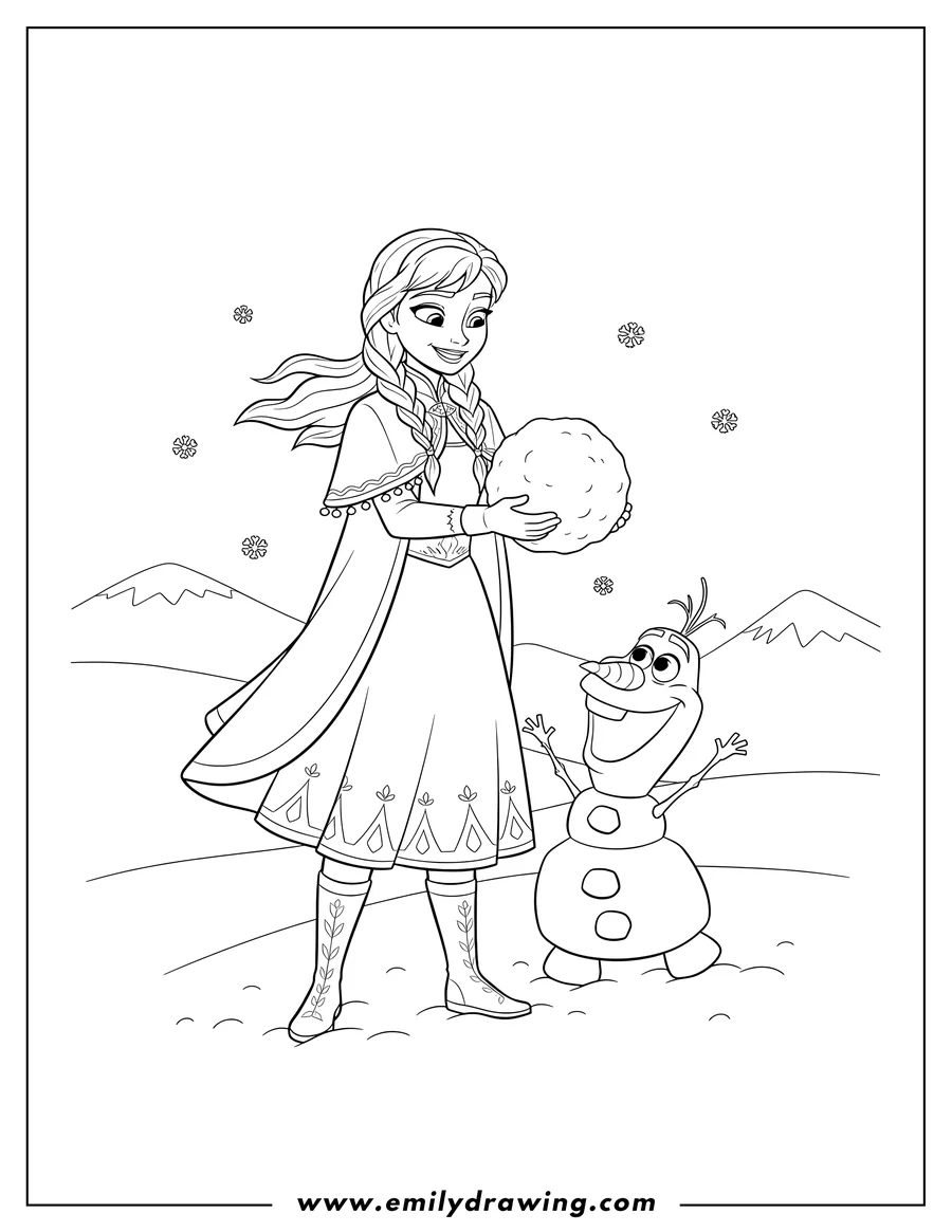 Linear illustration of smiling Anna with braided hair holding a snowball, with cheerful Olaf looking up at her