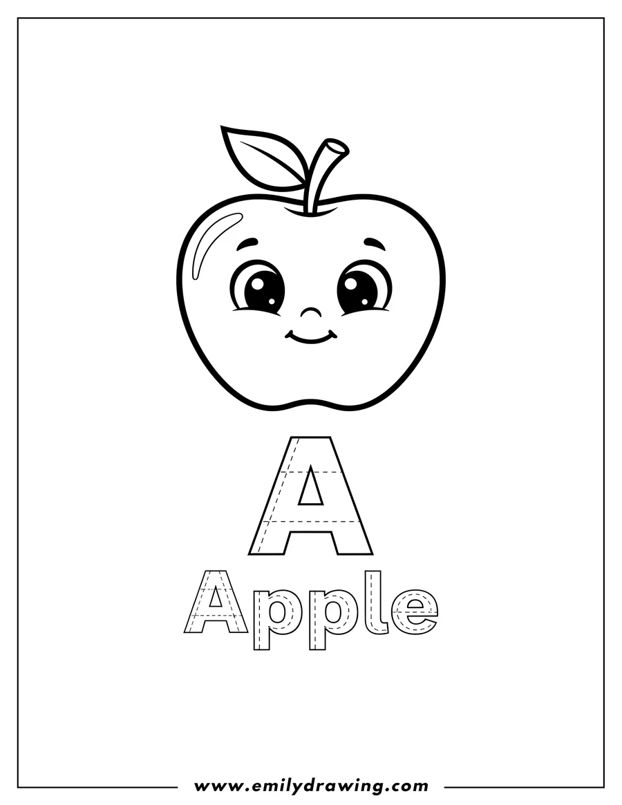 Outline drawing of is Apple With Tracing Lines, featuring the letter A and the word 'Apple'