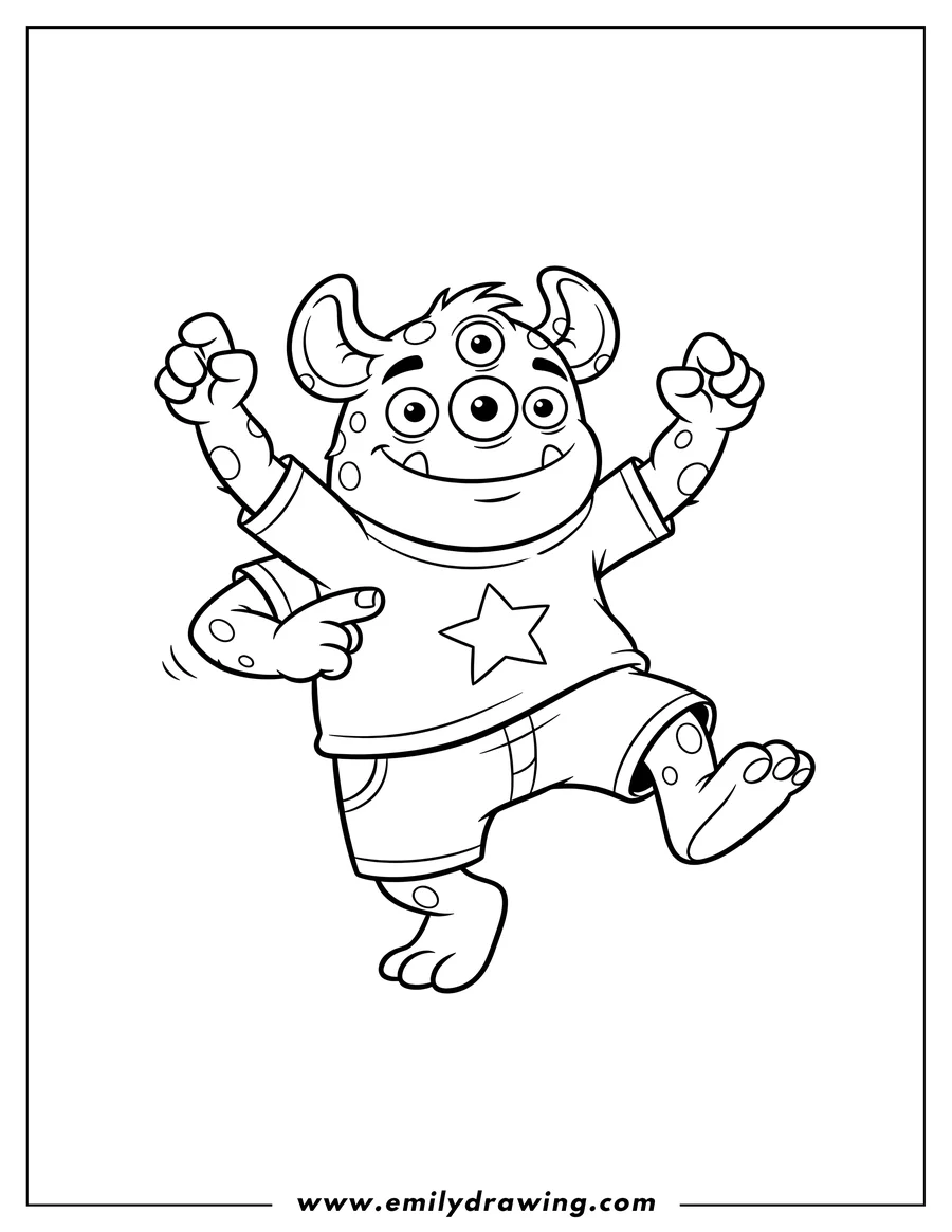 PDF style coloring page: easy Groover Preschoolers: A cartoon monster dancing and pointing