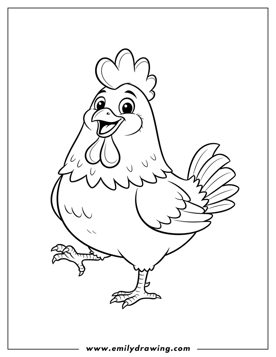 Simple sketch of smiling chicken with comb and wattle, lifting one leg to color