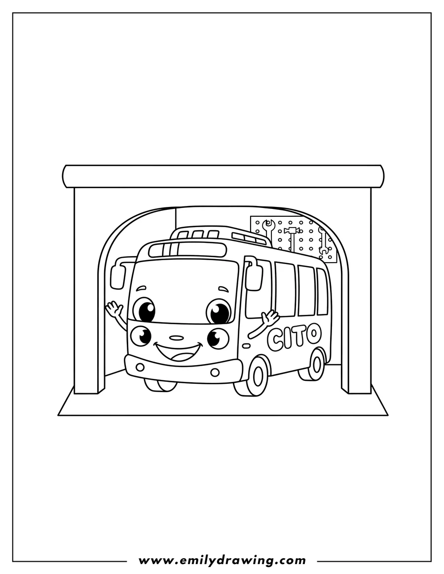 Black and white line art of simple smiling Cito Bus in a garage for Preschoolers