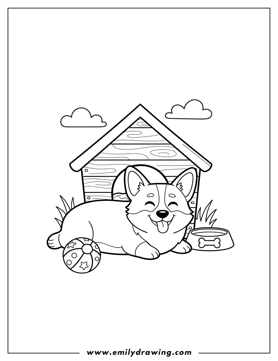 Doodle style coloring picture of smiling Corgi Lying Outside Dog House with eyes closed, tongue out, near a ball and bowl