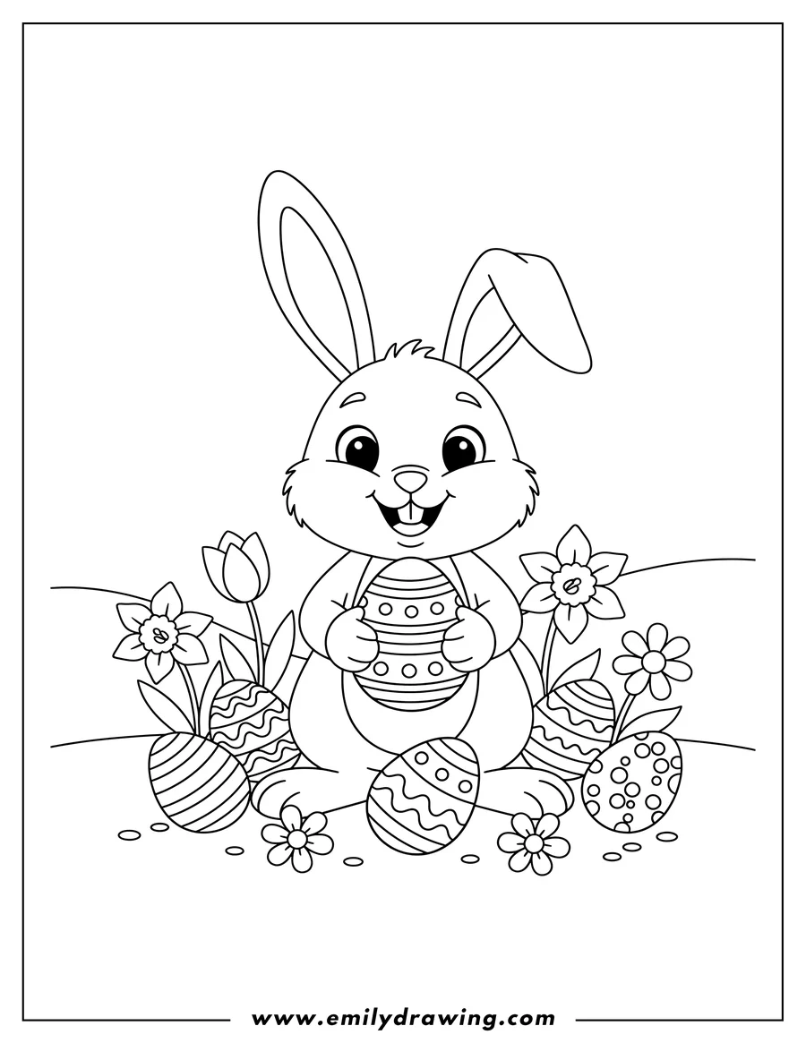 Outline drawing of smiling Easter Bunny holding an egg, with decorated eggs on the ground and spring flowers