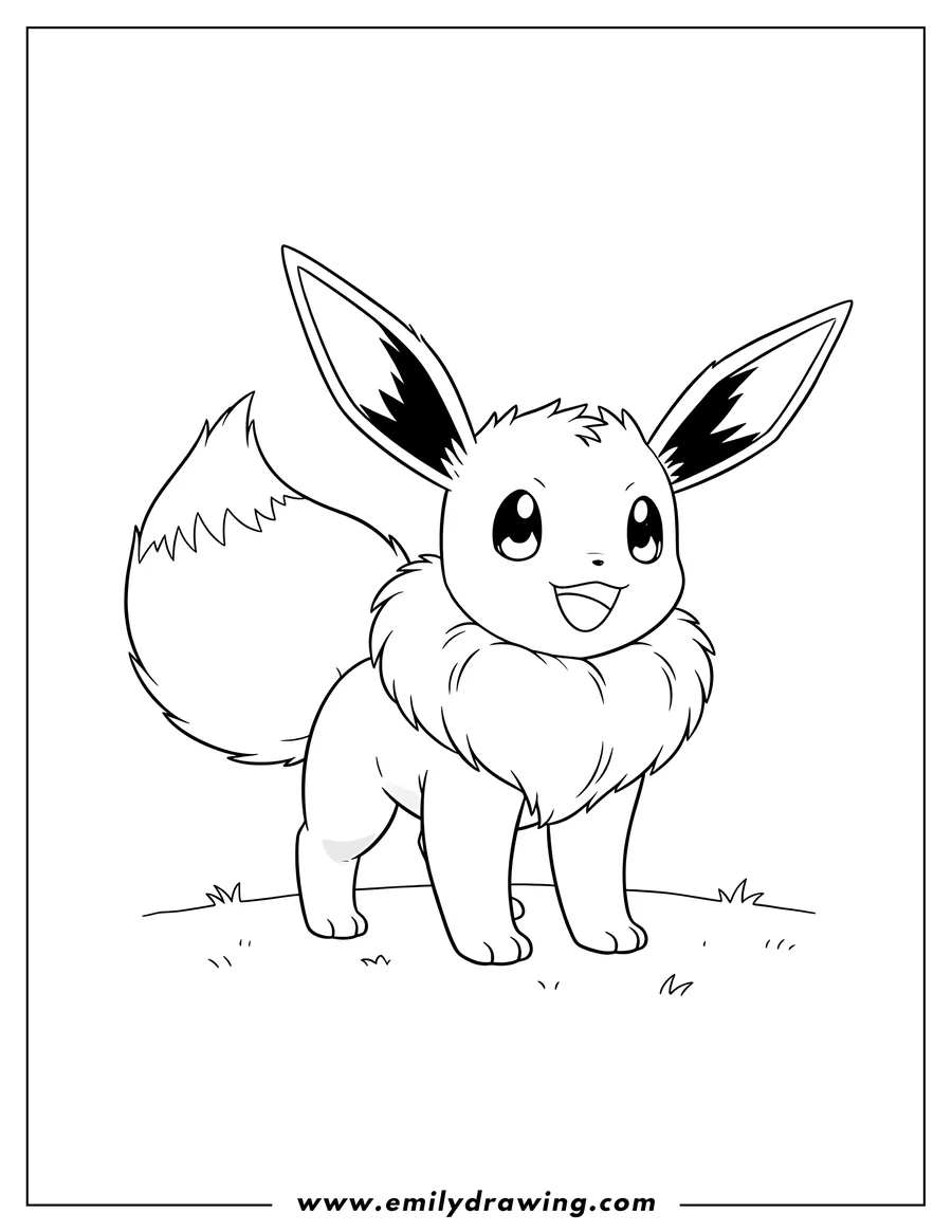 High quality printable smiling Eevee standing with fluffy tail to color for coloring