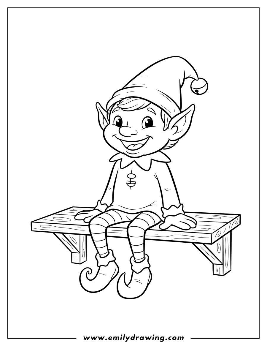 Clean line drawing: simple Elf On Shelf Scaled sitting and smiling