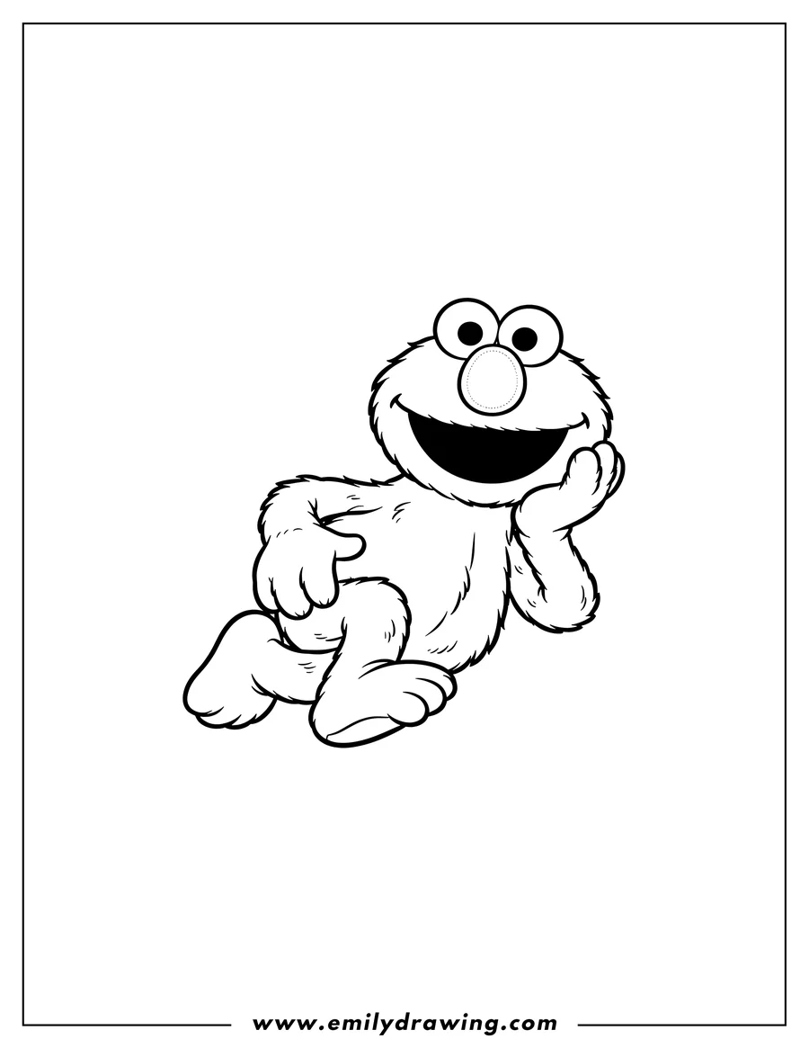 Black and white line art of smiling Elmo lying on his side, propping his head up