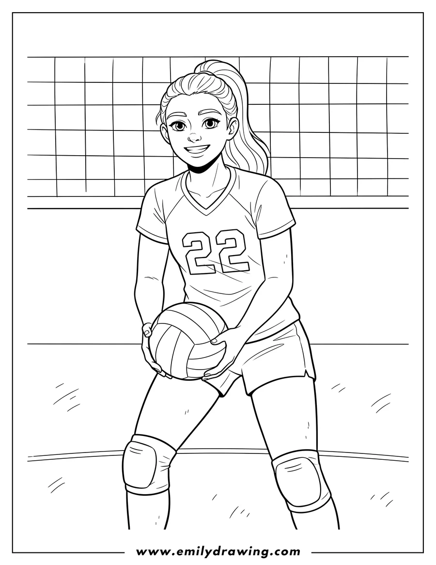 Printable coloring page of smiling female volleyball player about to serve, holding a volleyball with both hands, wearing a jersey with the number 22 and knee pads
