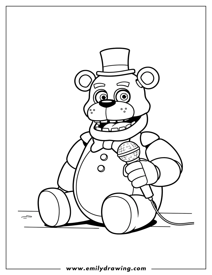 PDF style coloring page: smiling Freddy Fazbear sitting, wearing a top hat, and holding a microphone