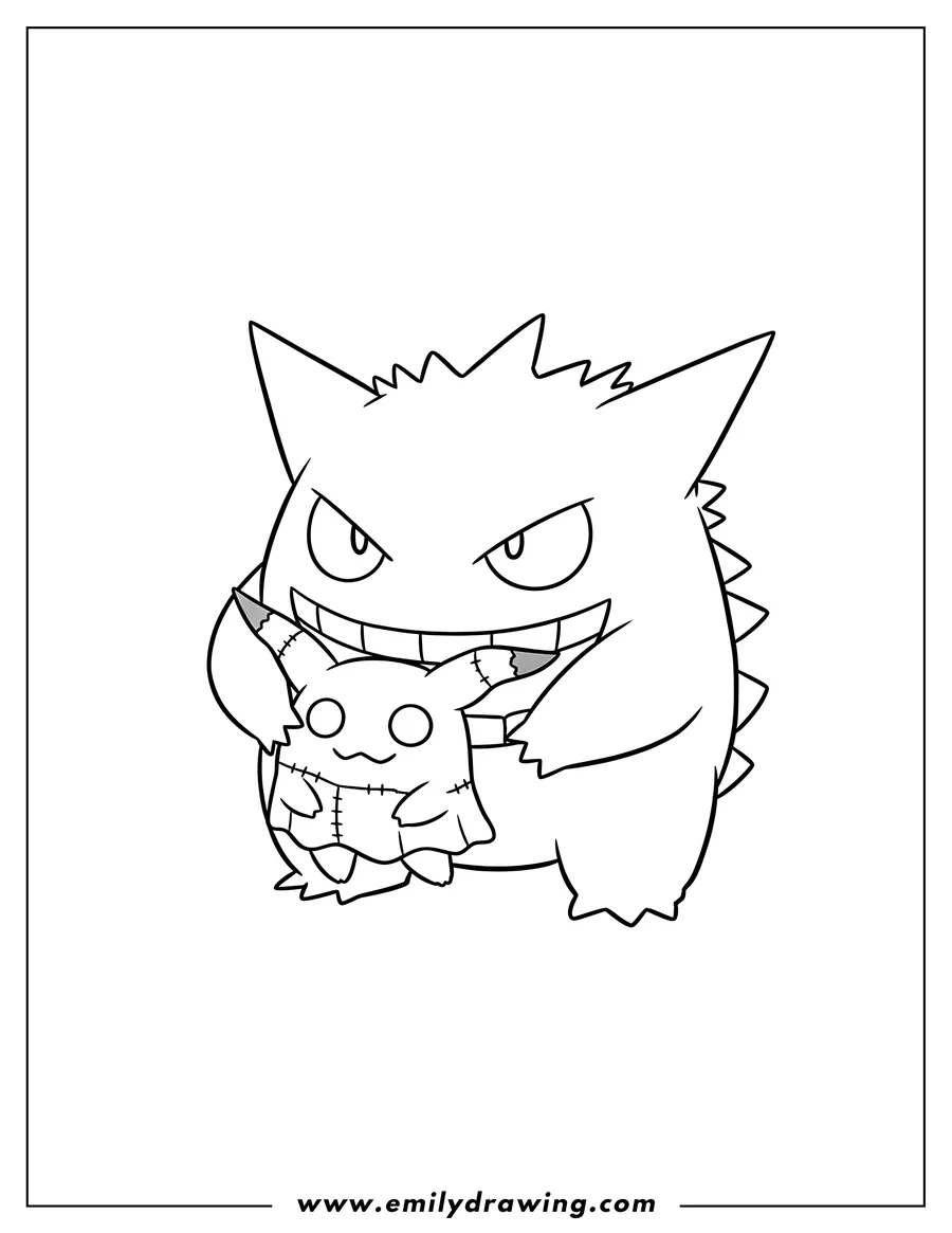 Black and white line art of cute Gengar broadly smiling and holding Mimikyu