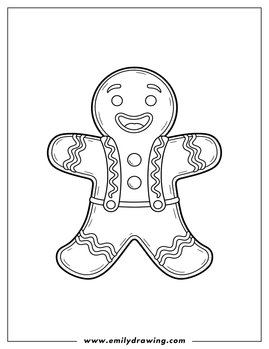 Free printable coloring sheet of smiling Gingerbread Man wearing suspenders, with buttons and wavy icing