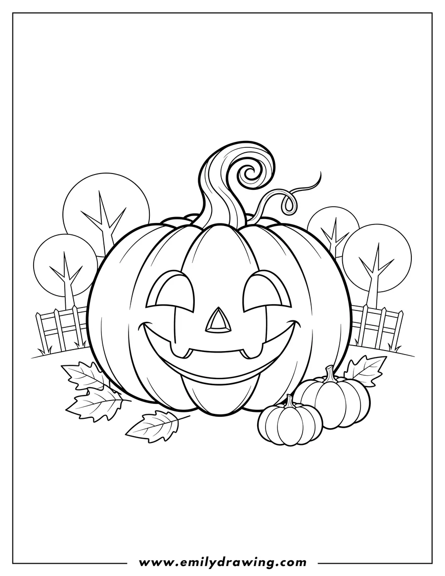 Free printable coloring sheet of smiling Jack O Lantern with a curly stem During Halloween