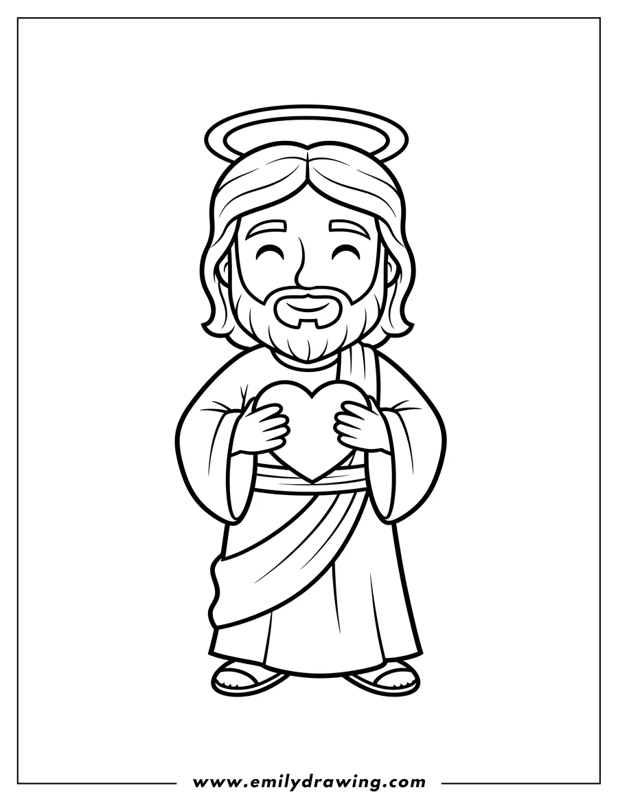 Free to print drawing of cartoon-style Smiling Jesus with closed eyes and halo, holding a heart to his chest, for preschoolers