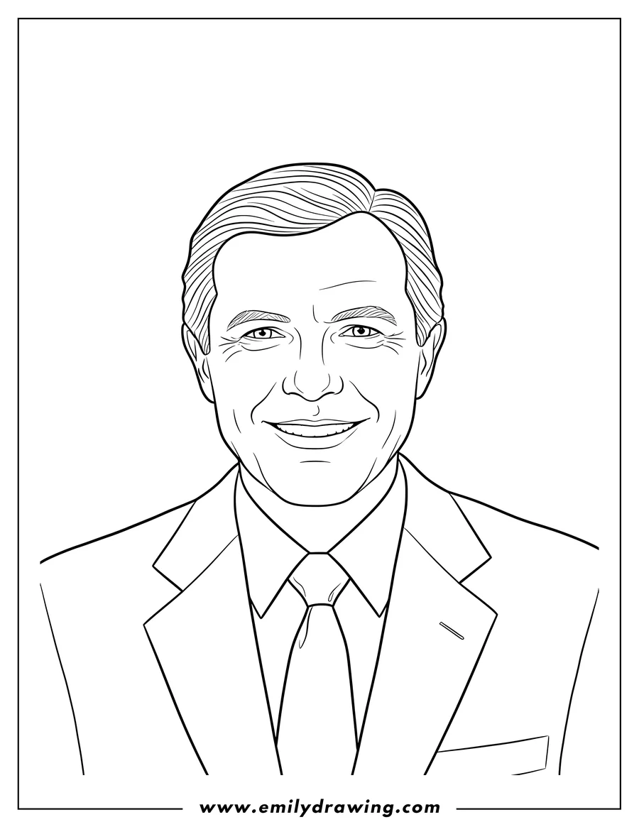 Printable coloring page of easy United States President Jimmy Carter, a smiling portrait in a suit and tie