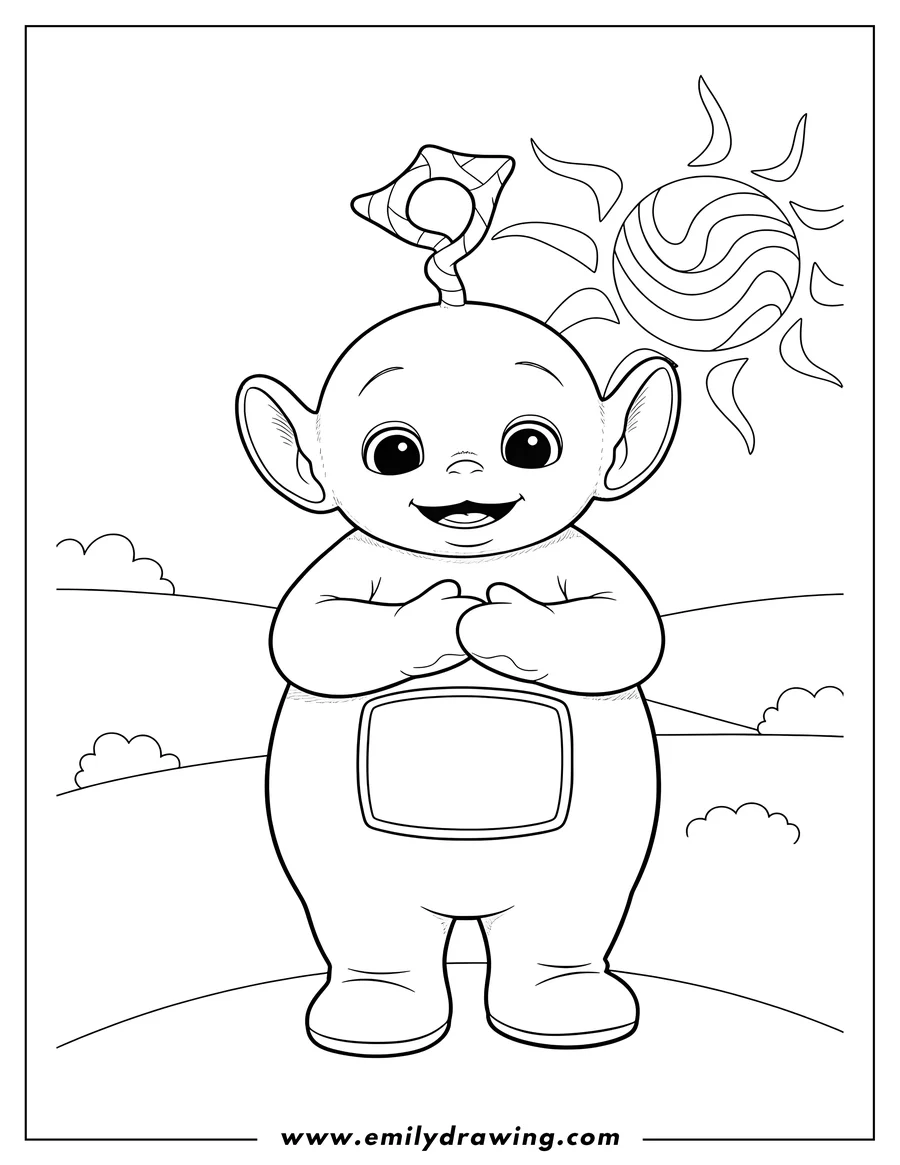 PDF style coloring page: smiling Laa Laa with hands together