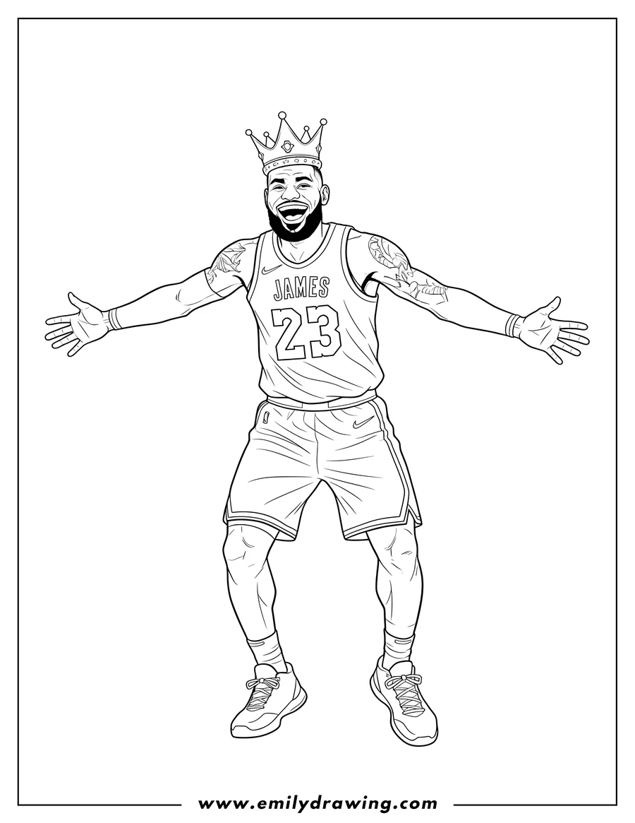 Free printable coloring sheet of smiling Lebron James King Scaled, broadly laughing with teeth showing, and wearing a basketball jersey