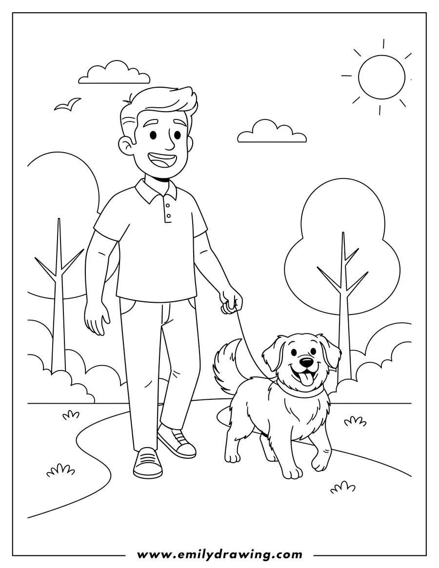 Printable line art of smiling man walking a happy dog on a leash in a park