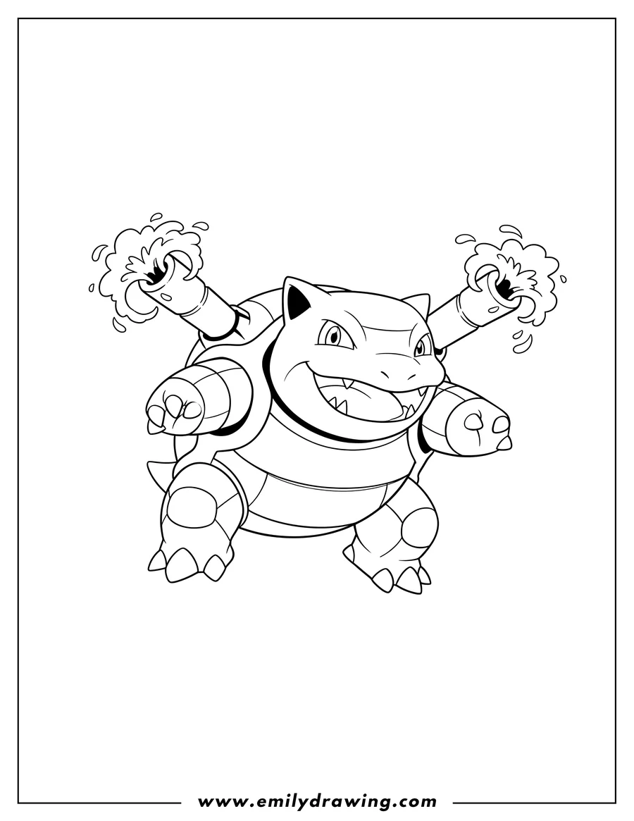Full page coloring image of smiling Mega Blastoise with fangs showing in a leaping pose