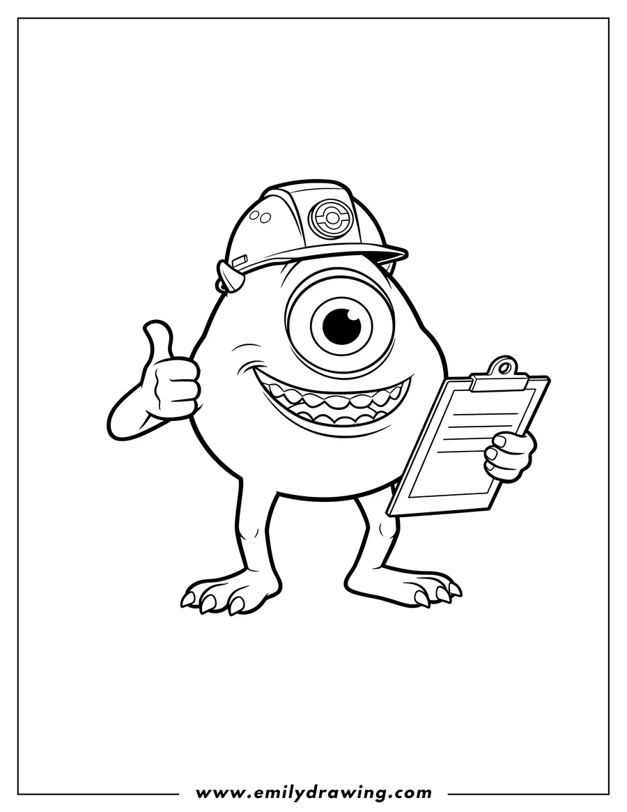 Black and white line art of smiling Mike Wazowski wearing a hard hat, holding a clipboard, and giving a thumbs-up