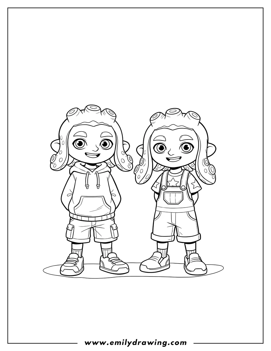 Coloring sheet featuring smiling Octoling Boy Preschoolers standing, with tentacle hairstyle and casual clothes