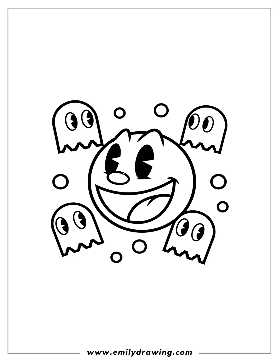 Simple sketch of smiling Pac-Man character with pixel ghosts to color