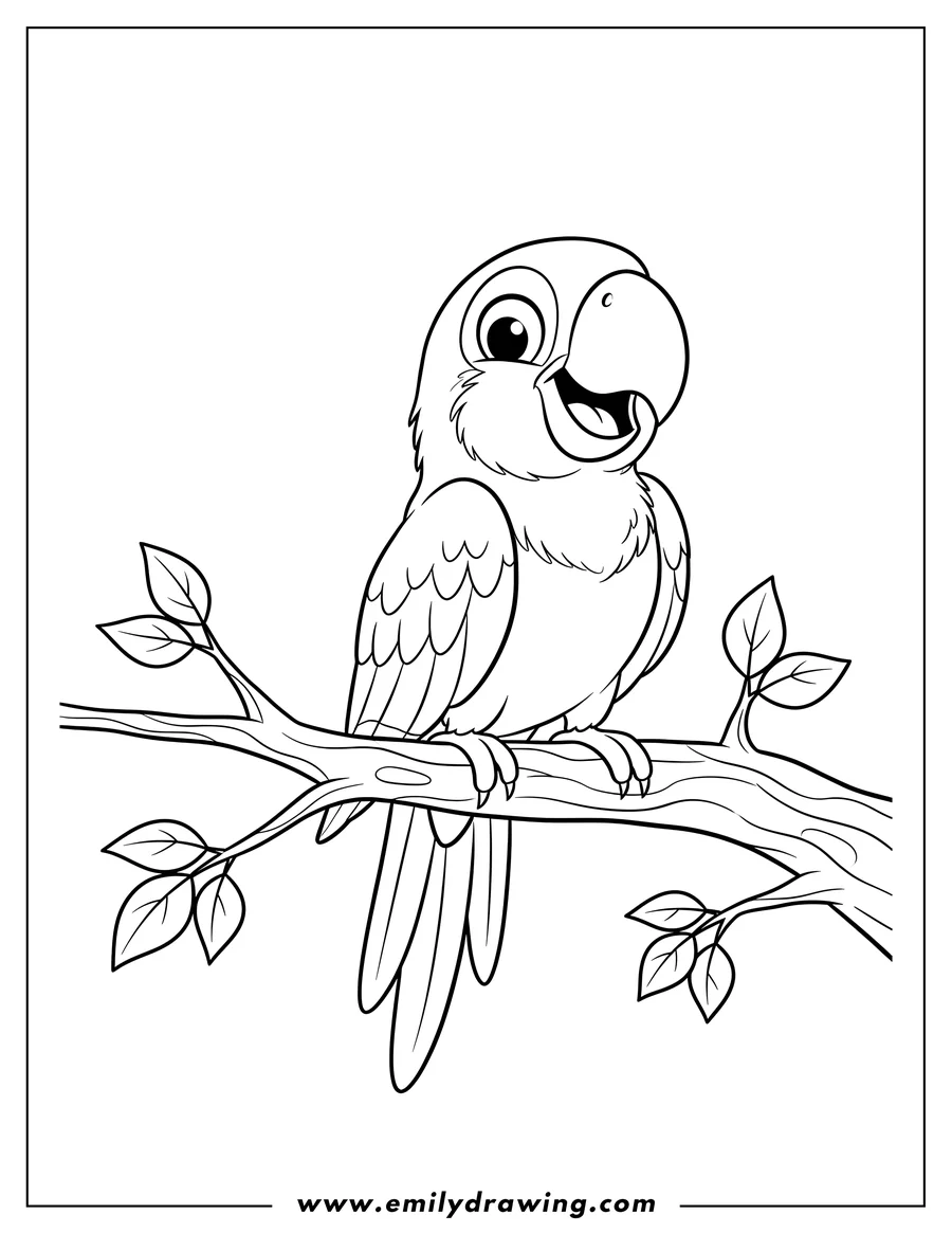 Free printable coloring sheet of smiling parrot perched on a branch, to color