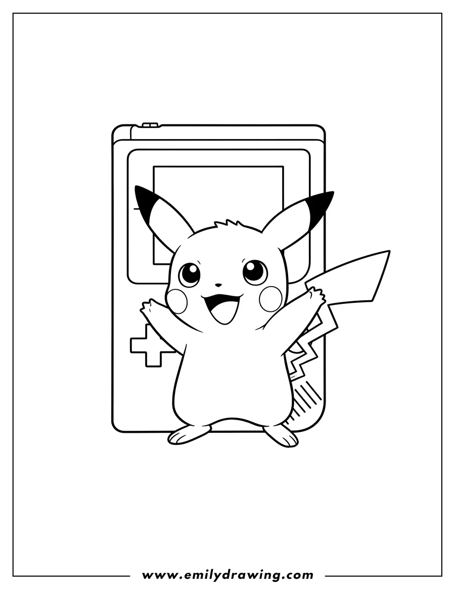 Coloring page for kids: smiling Pichu waving with Game Boy background