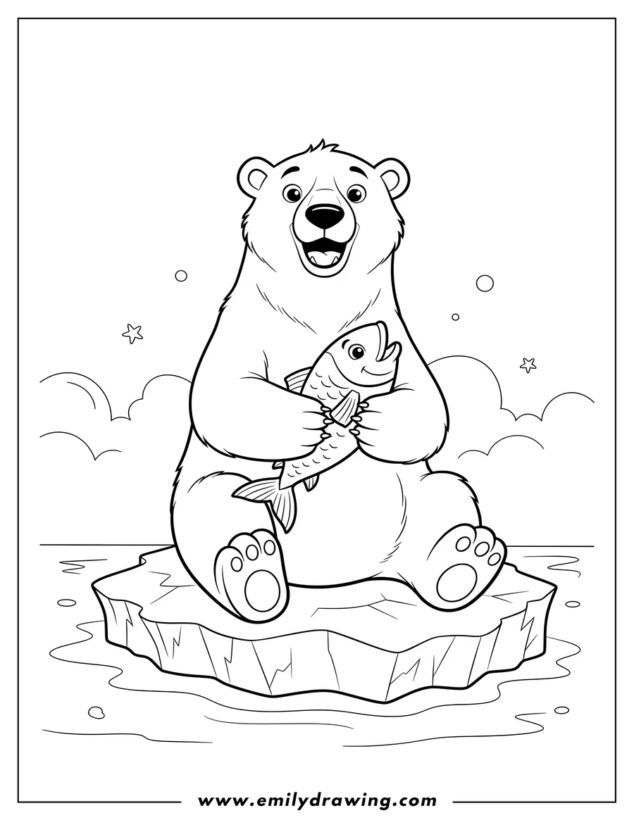 Coloring sheet featuring smiling Polar Bear Sitting on an Iceberg, holding a fish
