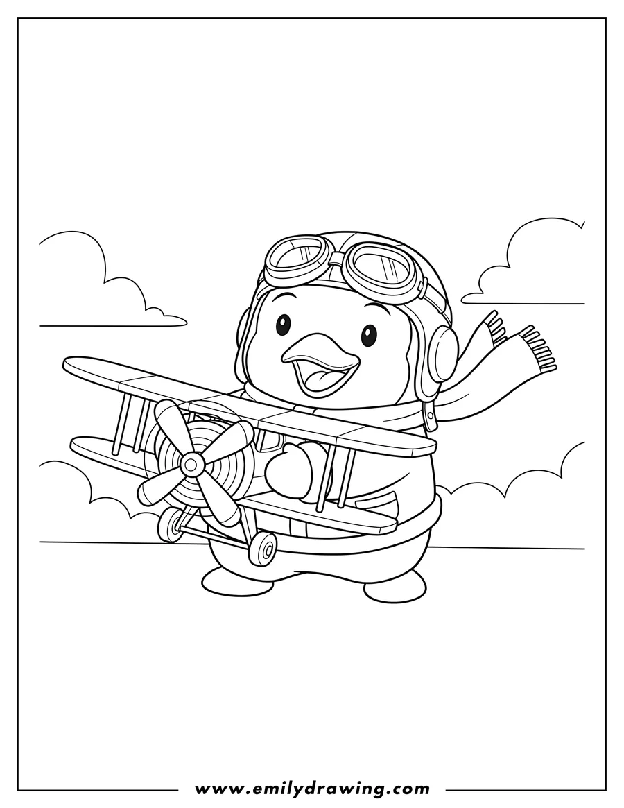Free to print drawing of smiling Pororo in pilot's helmet and goggles, holding a toy propeller airplane