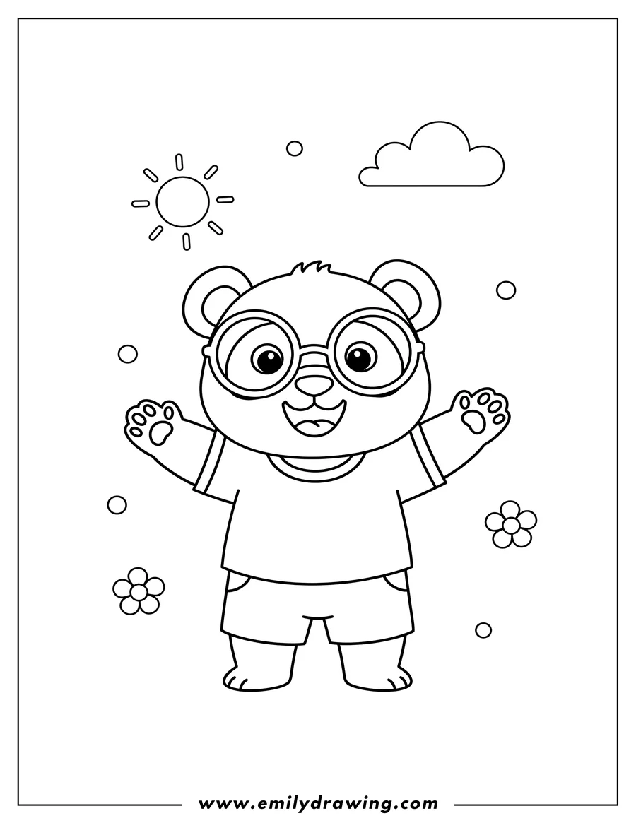 Coloring sheet featuring smiling preschool panda wearing glasses, waving with arms open