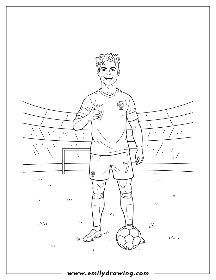 Coloring page for kids: cristiano Ronaldo smiling with curly hair and faded sides