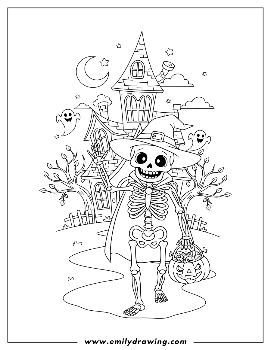 Vector style outline of smiling Skeleton Waving with Pumpkin Baskets Trick Or Treating Front Haunted House