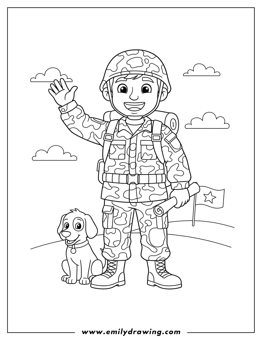 Free printable coloring sheet of smiling cartoon Community Helper Soldier in camouflage uniform