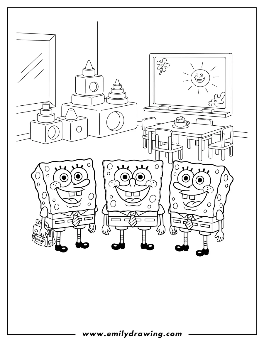 Downloadable coloring page of smiling Spongebob Preschoolers standing with a wide open-mouth smile, showing teeth, and wearing a tie